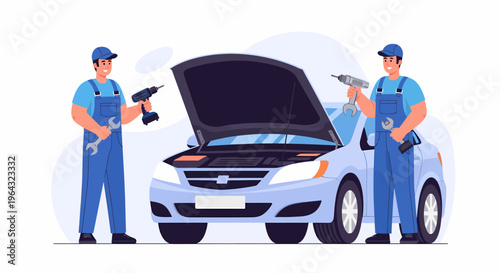 Two mechanics standing by car.