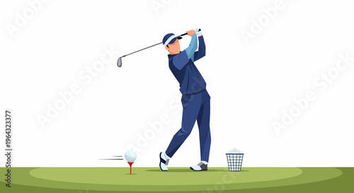 Man swinging golf club on course.