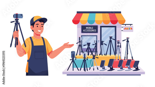 Vlogging Shop: A cheerful seller presents a display of photography and vlogging equipment outside his mobile accessories shop. 