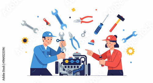 Mechanic and woman with engine tools.
