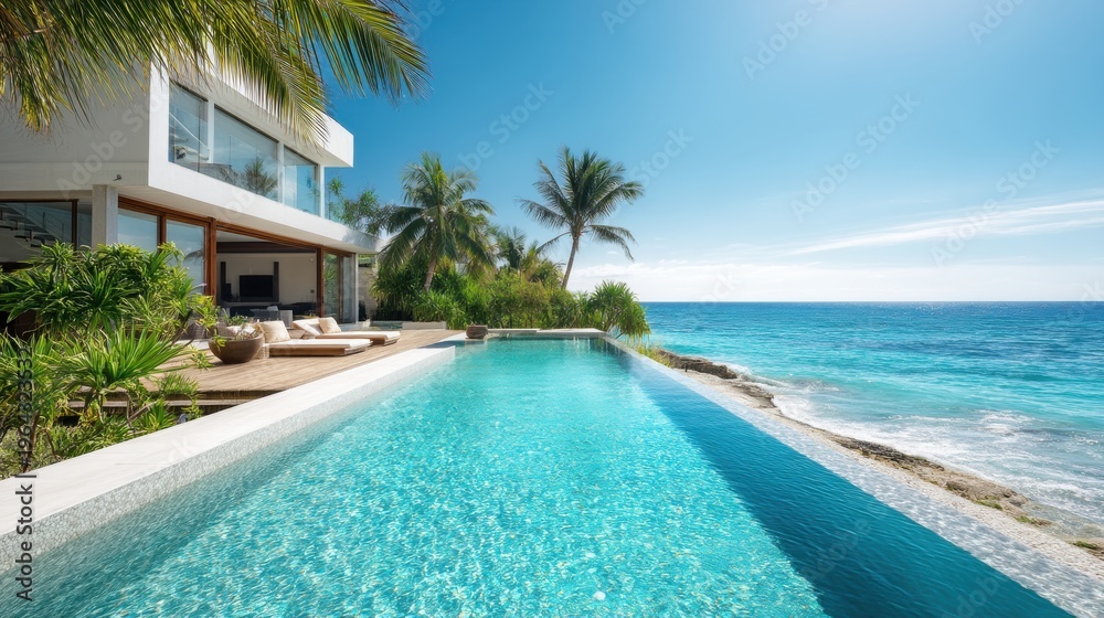 Naklejka premium Luxury villa with infinity pool overlooking tropical ocean. Modern house architecture with wooden deck and sunbed by seaside. Vacation home for travel, relaxation and summer holiday retreat.