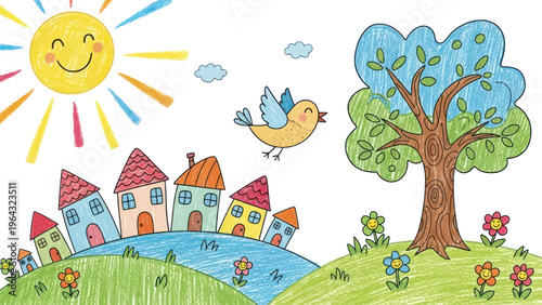 Colorful childlike drawing of a happy village scene with houses, tree, and flying bird.