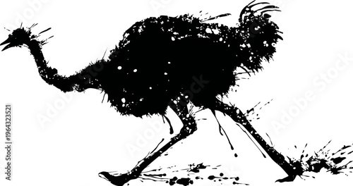 silhouette of a running emu bird in black ink with dynamic brush strokes