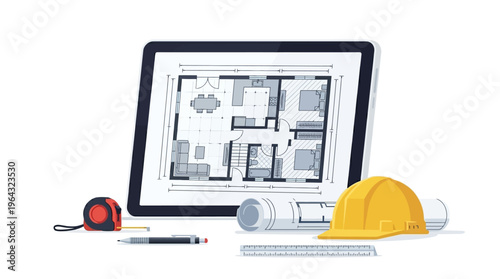 Digital Architectural House Plan on Tablet Screen with Hard Hat, Tape Measure, and Blueprints - Home Design and Building Construction Concept