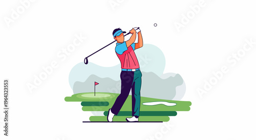 Golfer swinging golf club with force.