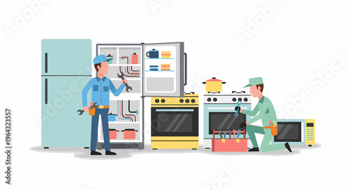 Two technicians fixing kitchen appliances.