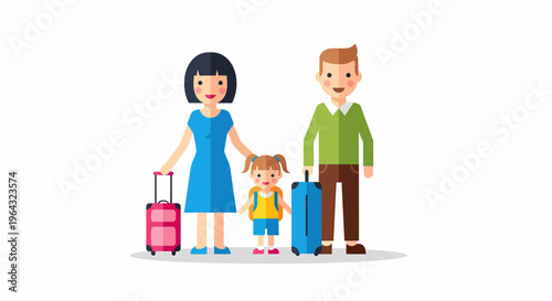 Family with luggage standing together smiling.