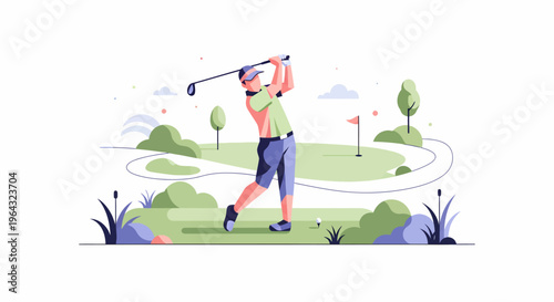 Man swinging golf club on course.