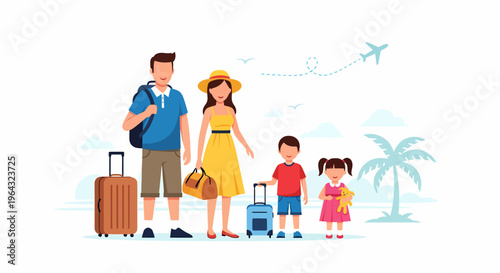 Family on vacation with luggage standing.
