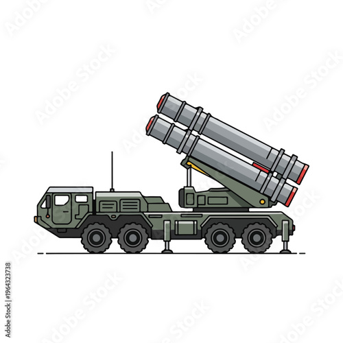 Military truck with missile launcher system on white background