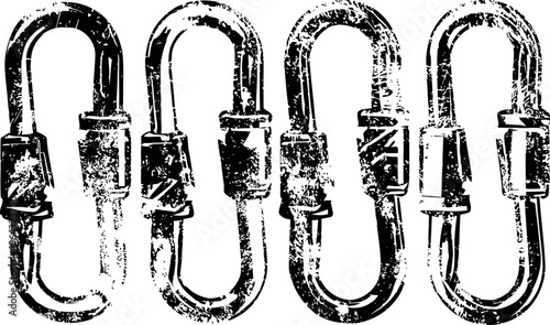 set of four distressed metal carabiners for climbing and outdoor activities