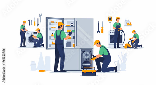 Appliance repairman fixing refrigerator parts.