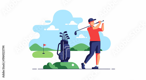 Man swinging golf club outdoors.