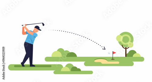 Man swinging golf club on course.