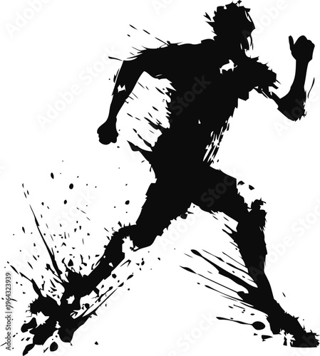 Dynamic soccer player silhouette kicking ball with splash ink effect in motion action