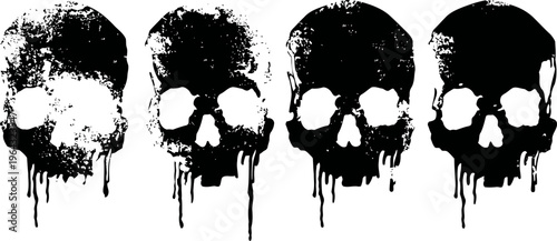 Grunge dripping skulls set black paint splatter and horror design elements gothic dark art illustration