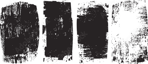 Four black grunge texture brush strokes on white background vintage distressed and rough paint smudges design elements