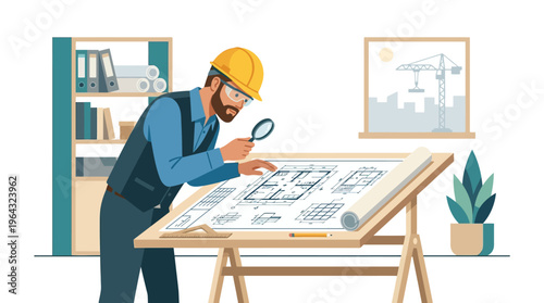 Architect Engineer Examining House Blueprints with Magnifying Glass. Construction Planning, Professional Building Design, and Engineering Project Concept Illustration.