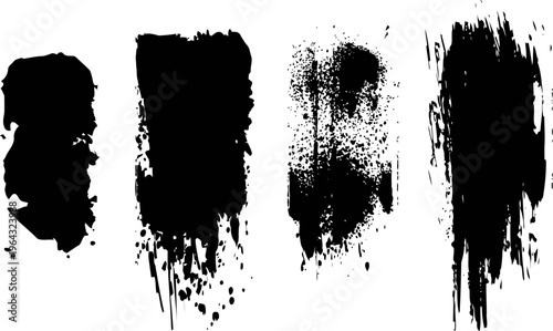 four distinct black grunge paint brush strokes with splatter and rough textured edges on white background