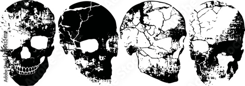 four cracked human skull illustrations with varying degrees of damage and distress effects