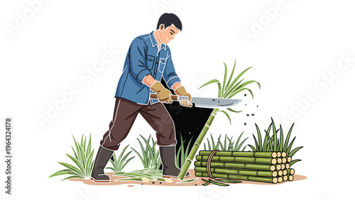 Sugarcane Harvest: A worker uses a machete to harvest sugarcane, showcasing the dedication of labor and traditional agriculture.