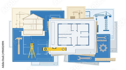 Construction Blueprints and Architectural Building Plans Collection with Engineering Tools and House Floor Plan Vector Illustration