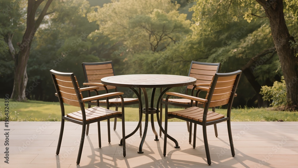 Obraz premium Round wooden outdoor dining table set with chairs in garden patio