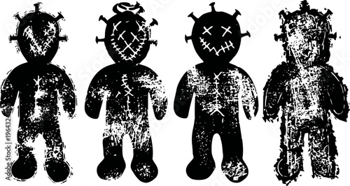 Grunge voodoo doll silhouettes with stitched features and textured distressed effects