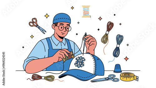 Crafting with Precision: A skilled artisan meticulously embroiders a cap with focused attention, surrounded by the tools of his trade.