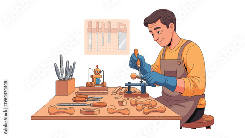 Artisan at Work: An artisan meticulously carves wood in his workshop, surrounded by tools of his trade, showcasing the skill and dedication of craftmanship.