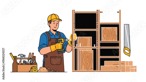 Craftsman at Work: A skilled artisan, clad in a protective hat and gloves, meticulously constructs a wooden shelf unit, showcasing precision, craftsmanship, and the art of woodworking.