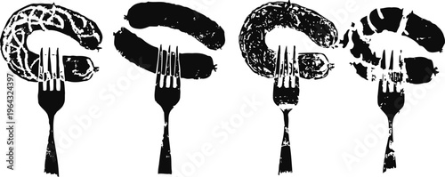 black and white artworks of fork holding different types of sausages with detailed textures