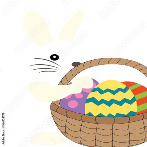 A cute cartoon easter bunny happily sitting in a basket surrounded by colorful eggs in a fun spring holiday style