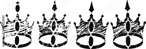 vintage distressed black crown silhouettes in grunge set, royal emblem icons