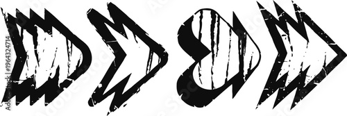 distressed black arrows and heart shapes in grunge style, painted and textured with rough lines and scratches