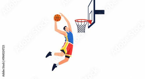 Man in colorful uniform jumping to dunk basketball.