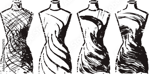 Hand drawn fashion mannequins with dress designs, elegant creative sketches for clothing and