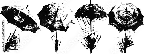 ink sketch women holding umbrellas in rainy urban street silhouettes walking in rain with umbrella protection