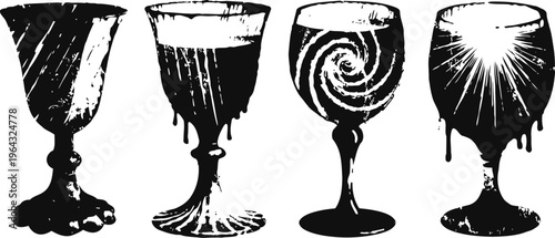 four ornate vintage goblets with unique designs and textured shading in black and white