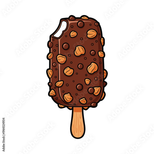 Chocolate ice cream bar with hazelnuts and chocolate chips, vector illustration