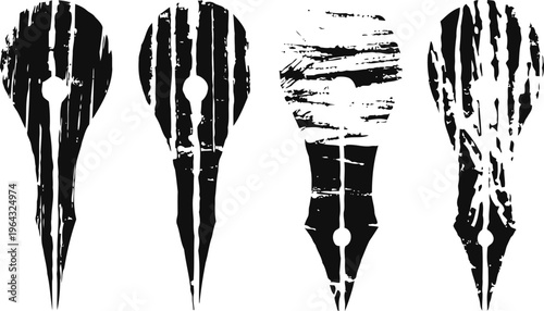 Grunge vintage fountain pen nib silhouettes set retro writing instruments emblem design elements