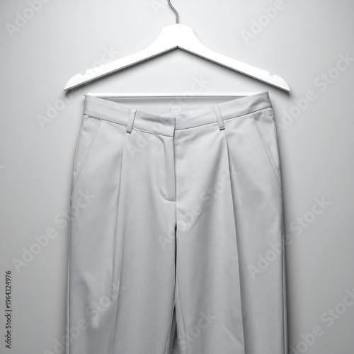 Elegant gray trousers hanging on a white hanger against a neutral background.