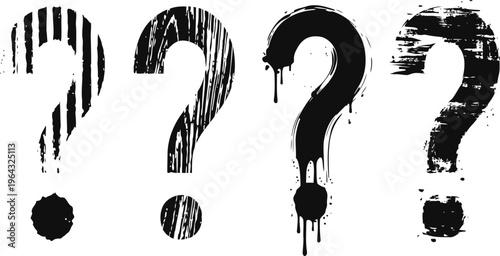 Grunge question marks set distressed punctuation marks with various texture styles abstract symbols for confusion and inquiry concepts