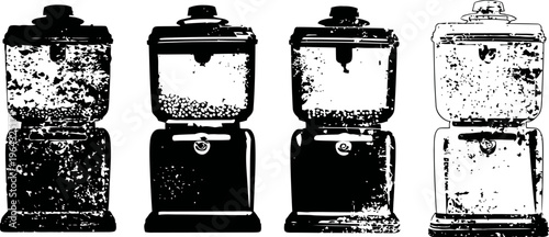 Vintage coffee grinders set four old fashioned manual coffee mills with handles isolated on white background