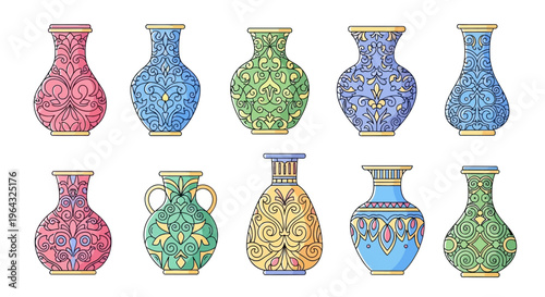 Collection of colorful ornate vases.
