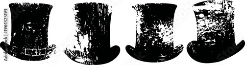 Set of four vintage black top hats with textured distressed details isolated on white