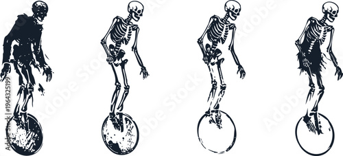 skeleton riding a unicycle, spooky halloween character in multiple poses cycling forward