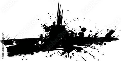 Black grunge ship ink splatter brush stroke design with rough textured edges and abstract paint blots