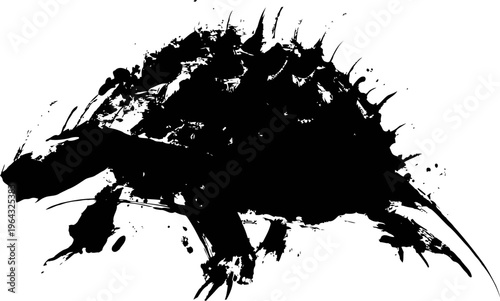 Ink splatter dinosaur silhouette with spiked tail and claws in black isolated on white