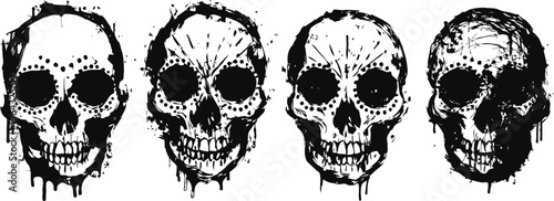 four detailed black skull illustrations with dark hollow eyes and intricate shading on white background
